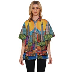 City New York Nyc Skyscraper Skyline Downtown Night Business Urban Travel Landmark Building Architec Women s Batwing Button Up Shirt