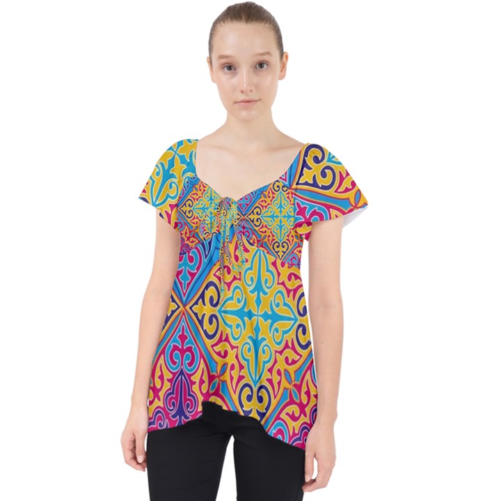 Colorful Flora Flora Kazakh Pattern Lace Front Dolly Top