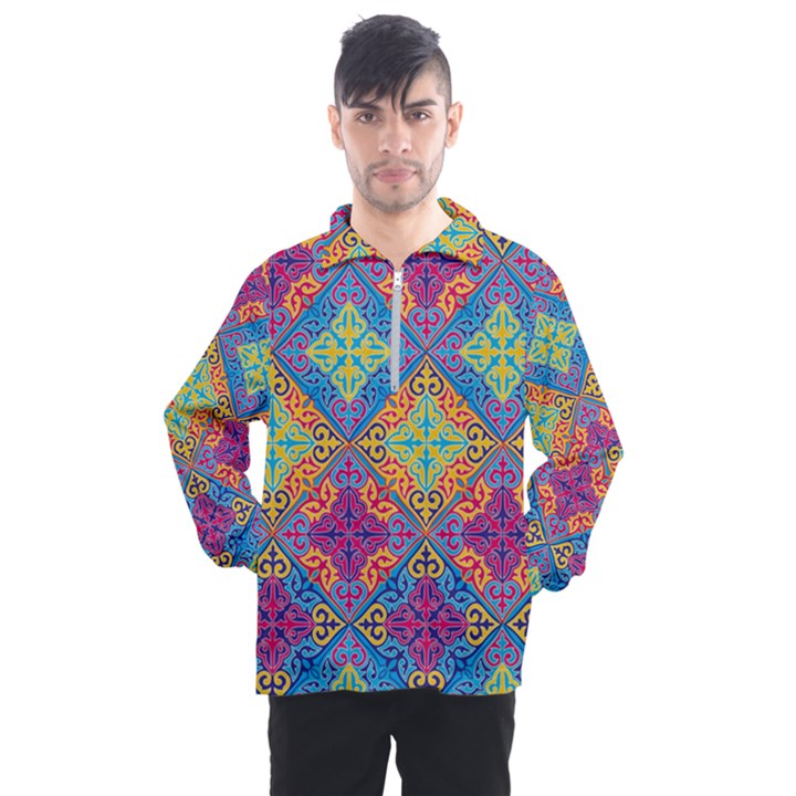 Colorful Flora Flora Kazakh Pattern Men s Half Zip Pullover