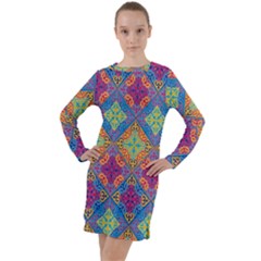 Colorful Flora Flora Kazakh Pattern Long Sleeve Hoodie Dress