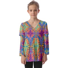 Colorful Flora Flora Kazakh Pattern Kids  V Neck Casual Top by Cemarart