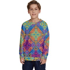 Colorful Flora Flora Kazakh Pattern Kids  Crewneck Sweatshirt by Cemarart