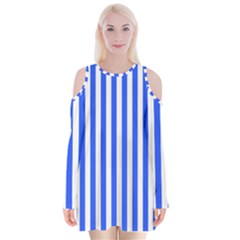 Blue Stripes, Sticker, Stickers Velvet Long Sleeve Shoulder Cutout Dress