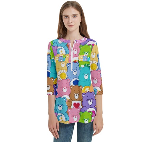 Care Bears, Adorable, Art Women s Zip Front V-neck 3/4 Sleeve Casual Top Pocket Shirt by kyorashop23