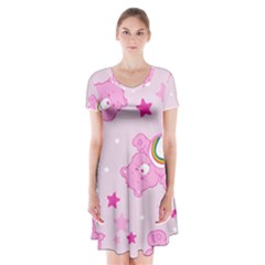 Cheer Bear Pink, Care, Care Bears, Cartoon Short Sleeve V-neck Flare Dress