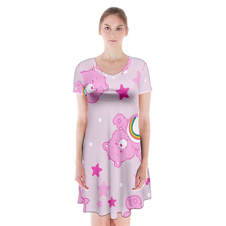 Cheer Bear Pink, Care, Care Bears, Cartoon Short Sleeve V-neck Flare Dress