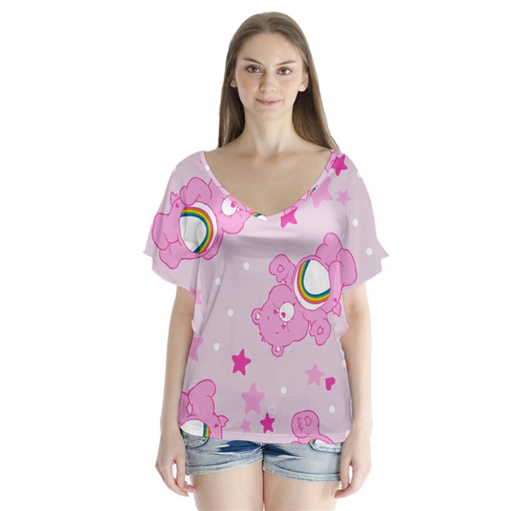 Cheer Bear Pink, Care, Care Bears, Cartoon V-Neck Flutter Sleeve Top