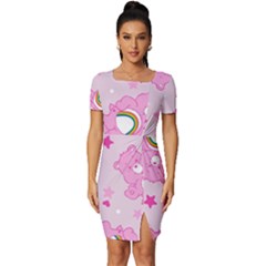 Cheer Bear Pink, Care, Care Bears, Cartoon Fitted Knot Split End Bodycon Dress by kyorashop23