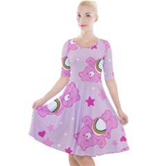 Cheer Bear Pink, Care, Care Bears, Cartoon Quarter Sleeve A-line Dress With Pockets