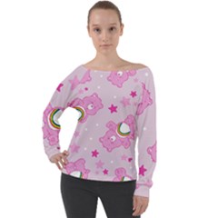 Cheer Bear Pink, Care, Care Bears, Cartoon Off Shoulder Long Sleeve Velour Top by kyorashop23