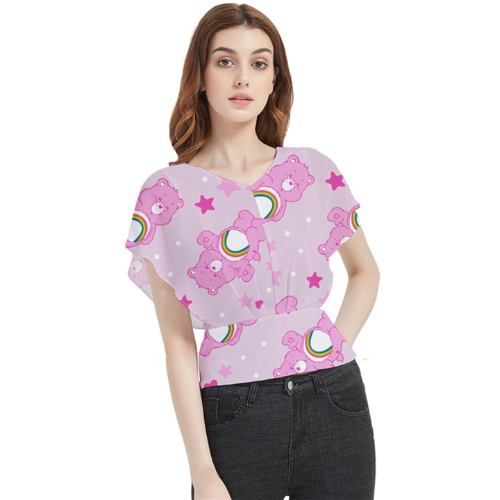 Cheer Bear Pink, Care, Care Bears, Cartoon Butterfly Chiffon Blouse