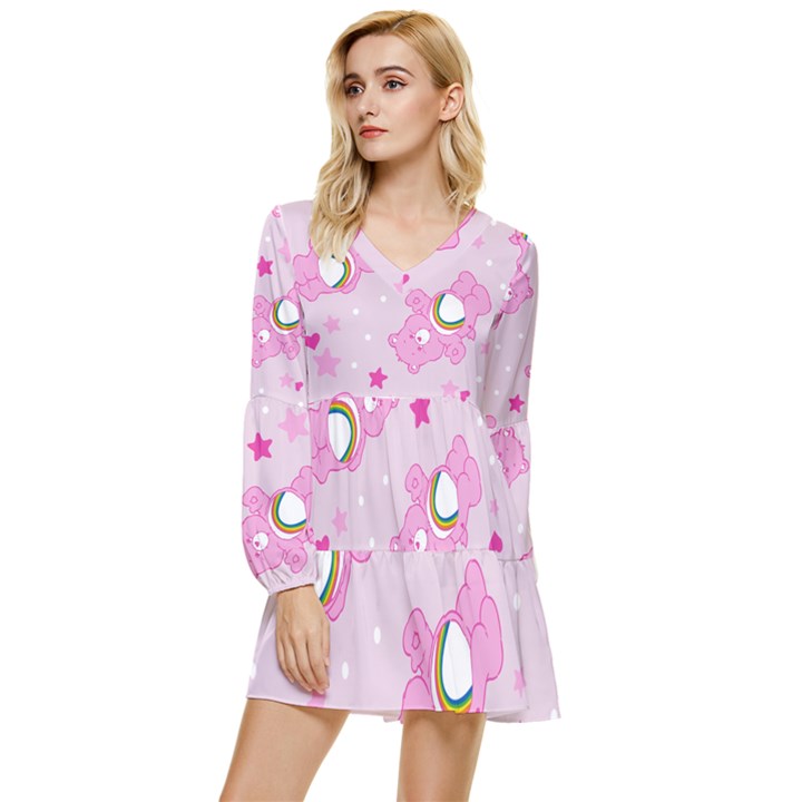 Cheer Bear Pink, Care, Care Bears, Cartoon Tiered Long Sleeve Mini Dress