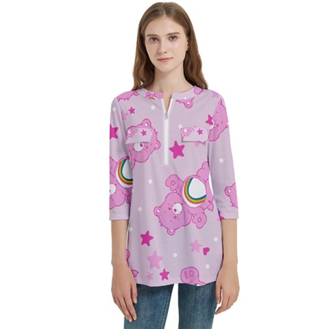 Cheer Bear Pink, Care, Care Bears, Cartoon Women s Zip Front V-neck 3/4 Sleeve Casual Top Pocket Shirt by kyorashop23