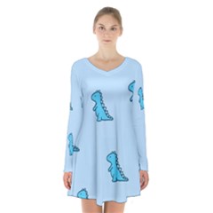 Dinosaur , Cute, Pastel, Long Sleeve Velvet V-neck Dress