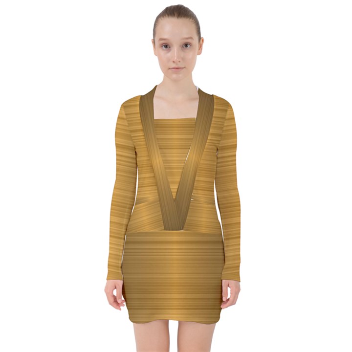 Gold, Desenho, Golden, Metal, Shiny, V-neck Bodycon Long Sleeve Dress