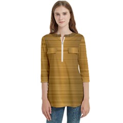 Gold, Desenho, Golden, Metal, Shiny, Women s Zip Front V-neck 3/4 Sleeve Casual Top Pocket Shirt