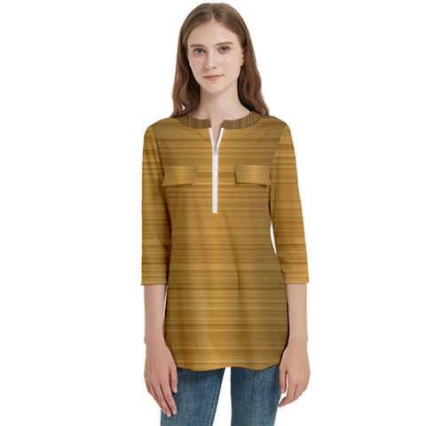 Gold, Desenho, Golden, Metal, Shiny, Women s Zip Front V-neck 3/4 Sleeve Casual Top Pocket Shirt by kyorashop23