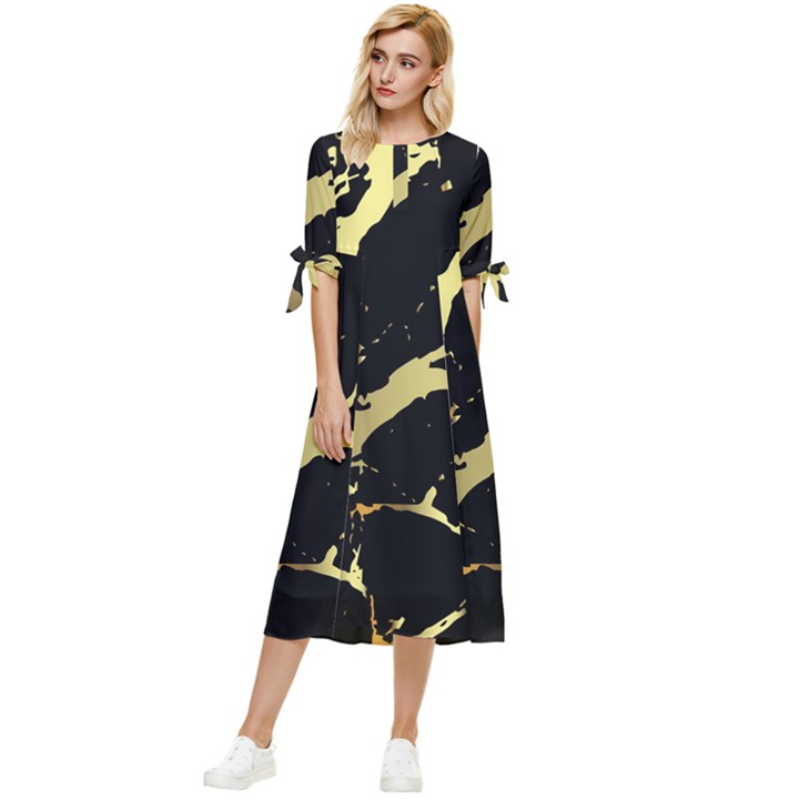 Marble Black, Kiss, Gold, Pretty Bow Sleeve Chiffon Midi Dress