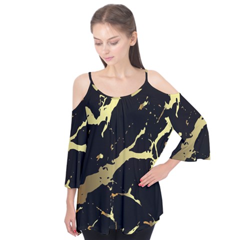 Marble Black, Kiss, Gold, Pretty Flutter Sleeve T-shirt by kyorashop23