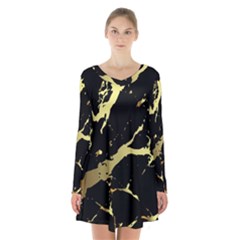 Marble Black, Kiss, Gold, Pretty Long Sleeve Velvet V-neck Dress