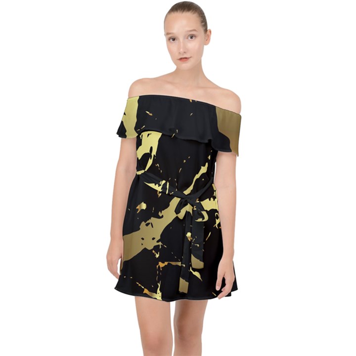 Marble Black, Kiss, Gold, Pretty Off Shoulder Chiffon Dress