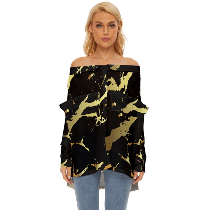 Marble Black, Kiss, Gold, Pretty Off Shoulder Chiffon Pocket Shirt