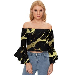 Marble Black, Kiss, Gold, Pretty Off Shoulder Flutter Bell Sleeve Top by kyorashop23