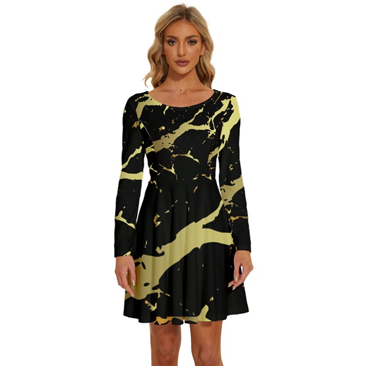 Marble Black, Kiss, Gold, Pretty Long Sleeve Wide Neck Velvet Dress