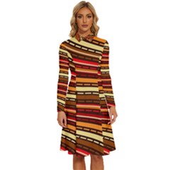 Waves Pattern Abstract Neutrals Long Sleeve Shirt Collar A-line Dress by Maspions