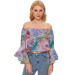 Cells Fluid Bubbles Off Shoulder Flutter Bell Sleeve Top