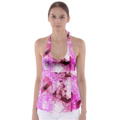 Pink Abstract Lineart Tie Back Tankini Top