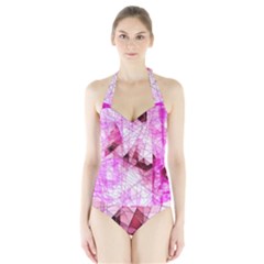 Pink Abstract Lineart Halter Swimsuit