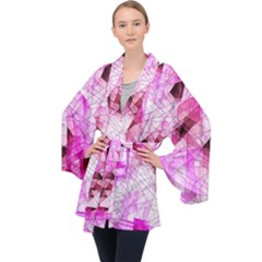 Pink Abstract Lineart Long Sleeve Velvet Kimono  by Maspions