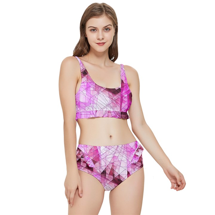 Pink Abstract Lineart Frilly Bikini Set