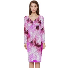 Pink Abstract Lineart Long Sleeve V-neck Bodycon Dress 