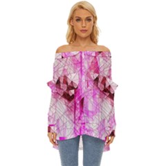 Pink Abstract Lineart Off Shoulder Chiffon Pocket Shirt