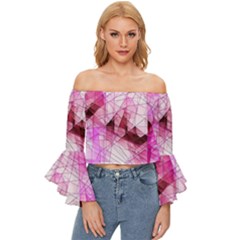 Pink Abstract Lineart Off Shoulder Flutter Bell Sleeve Top