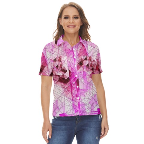 Pink Abstract Lineart Women s Short Sleeve Double Pocket Shirt by Maspions