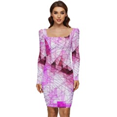 Pink Abstract Lineart Women Long Sleeve Ruched Stretch Jersey Dress