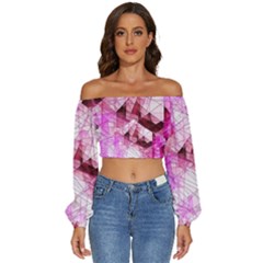 Pink Abstract Lineart Long Sleeve Crinkled Weave Crop Top