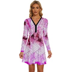 Pink Abstract Lineart Long Sleeve Deep V Mini Dress 