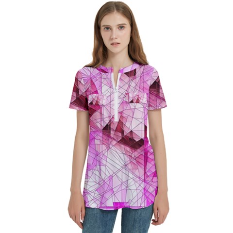 Pink Abstract Lineart Women s Zip Front V-neck Short Sleeve Casual Top Pocket Shirt by Maspions