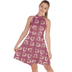 Whimsy Chickens Pattern Sleeveless Halter Neck A-line Dress by dflcprintsclothing