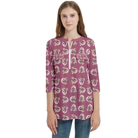 Whimsy Chickens Pattern Women s Zip Front V-neck 3/4 Sleeve Casual Top Pocket Shirt by dflcprintsclothing