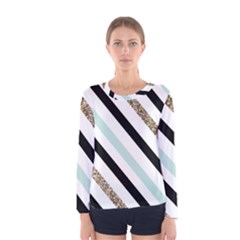 Pattern, Black, Blue, Gold, Lines, Stripes Women s Long Sleeve T-shirt