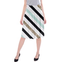 Pattern, Black, Blue, Gold, Lines, Stripes Midi Beach Skirt