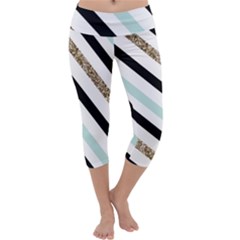 Pattern, Black, Blue, Gold, Lines, Stripes Capri Yoga Leggings by kyorashop23