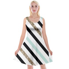 Pattern, Black, Blue, Gold, Lines, Stripes Reversible Velvet Sleeveless Dress