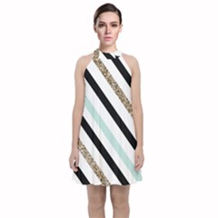 Pattern, Black, Blue, Gold, Lines, Stripes Velvet Halter Neckline Dress 