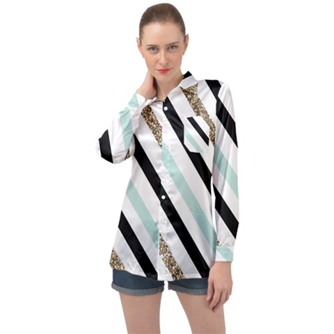 Pattern, Black, Blue, Gold, Lines, Stripes Long Sleeve Satin Shirt by kyorashop23